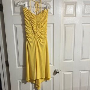 Yellow Ruched Halter Dress